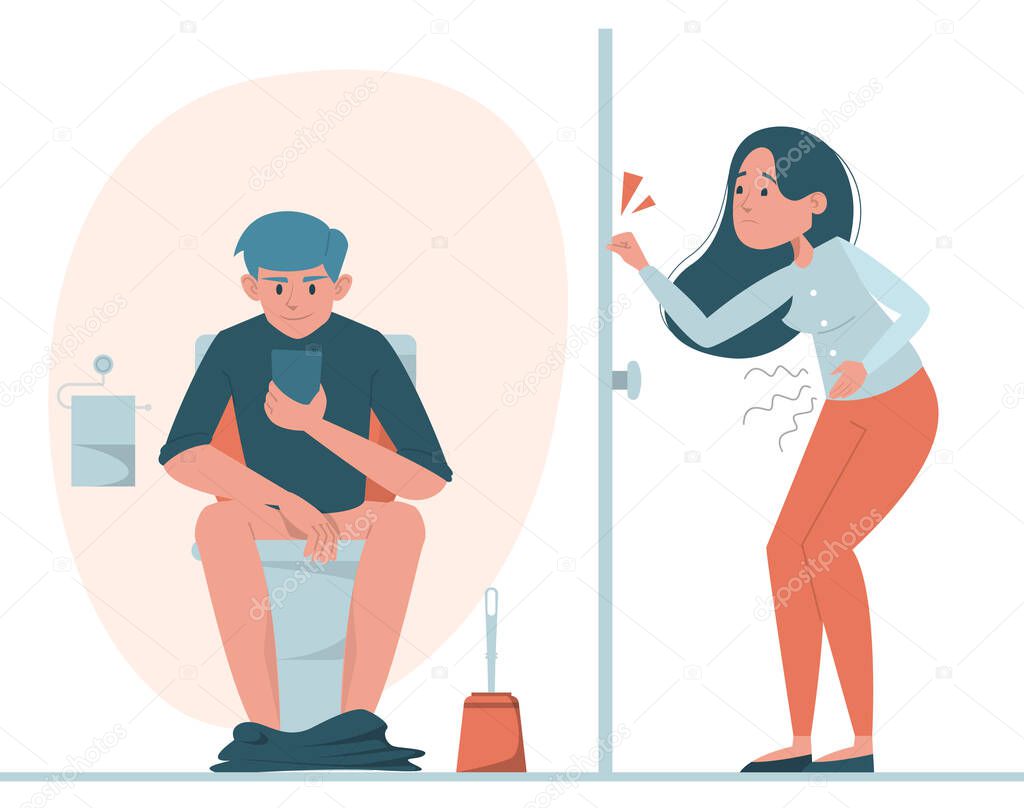 Man sitting on toilet with mobile phone vector isolated. Person in restroom. Funny illustration, guy in lavatory and woman waiting at the door. Girl need to pee, but the toilet is locked.