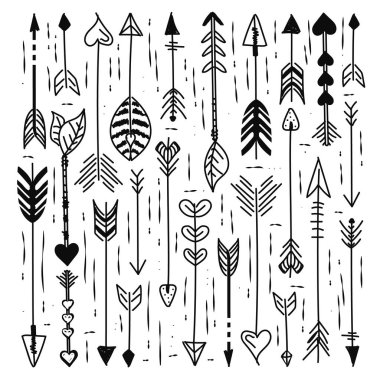 Karalama oku desen vektörü izole edildi. Kara el çizilmiş ok koleksiyonu. Hippi tarzı arkaplan, tüylü basit şirin öge.