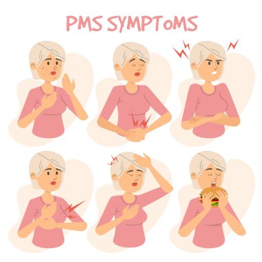 Symptoms of PMS vector isolated infographic. Female person with headache, belly and breast pain, acne on face and mood swings. Premenstrual syndrome. clipart