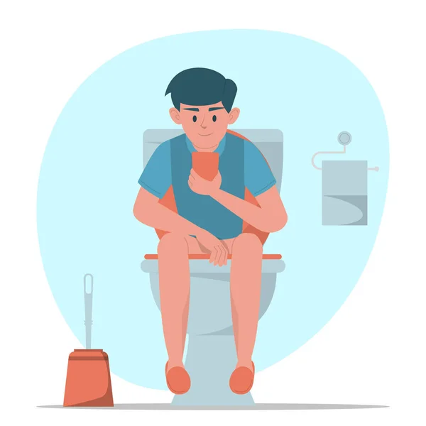 Chlapec Teenager Sedí Záchodě Mobilní Telefon Vektor Izolovaný Osoba Záchodě — Stockový vektor