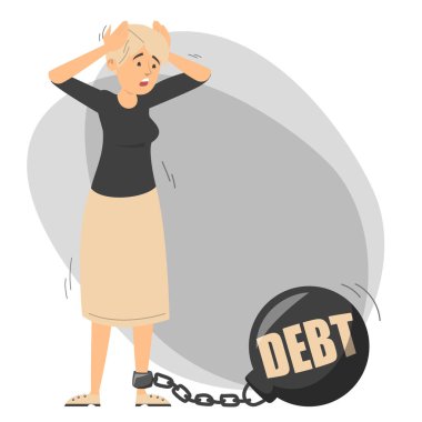 Metal ağırlık vektörüne zincirlenmiş üzgün kadın. Finansal borç, iflas ve kriz fikri.