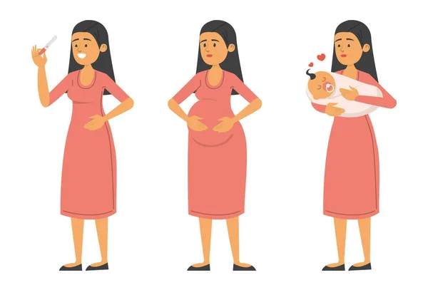 Set Woman Positive Test Pregnancy Baby Vector Isolated Motherhood Happy — Stock Vector