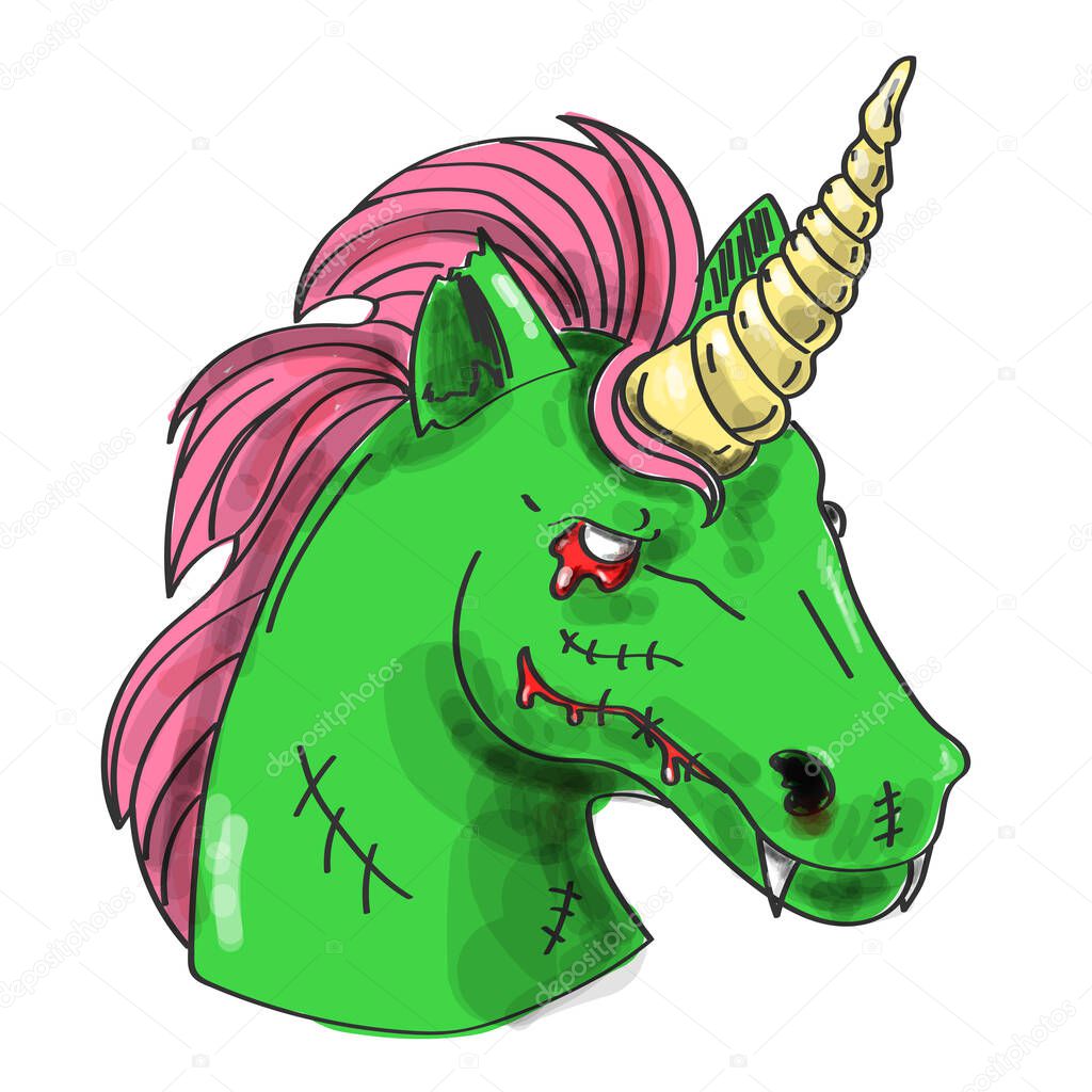 Green zombie unicorn head vector isolated. Halloween hand drawn animal. Creepy horror horse character. Dead unicorn with pink hair.