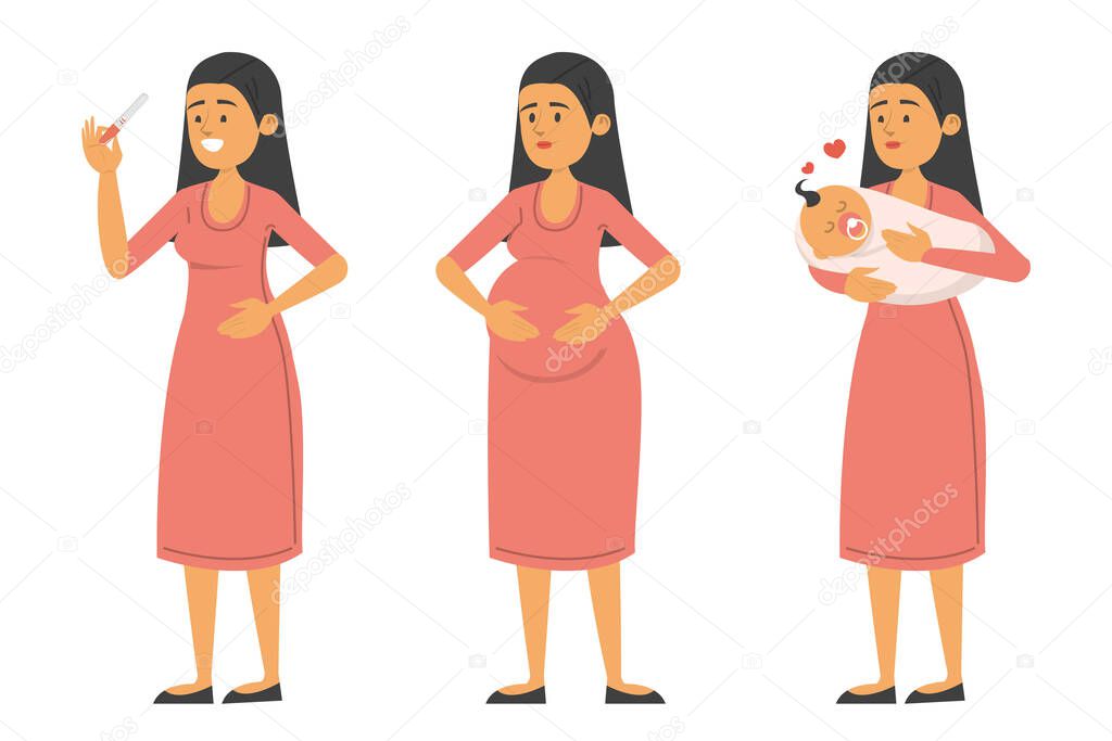 Set of woman with positive test, during pregnancy and with baby vector isolated. Motherhood, happy lady with child. Pregnant woman holding belly, expecting baby.