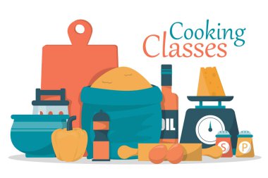 Aşçılık sınıfı web pankartı vektörü izole edildi. Mutfak gereçlerini kullanarak yemek pişirmek. Aşçılık sınıfının reklamı..