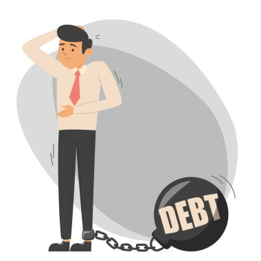 Metal ağırlık vektörüne zincirlenmiş üzgün adam izole edildi. Finansal borç, iflas ve kriz fikri.
