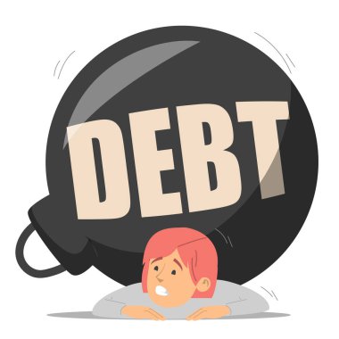 İş kadını, izole edilmiş devasa bir metal ağırlık vektörü tarafından ezilmiş. Borç, finansal kriz ve iflasın fikri. Çaresiz kadın.