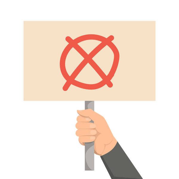 Hand holding placard with cross mark vector isolated. Negative sign, refuse concept. Message on the board.