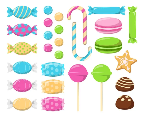 Collection Sweets Candies Vector Isolated Set Colorful Desserts Delicious Lollipopand — Stock Vector