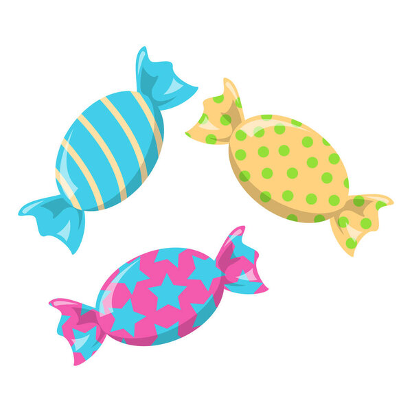 Delicious candies vector isolated. Colorful sweets in wrap, sugar food. Wrapped caramel. Blue, yellow and pink dessert.