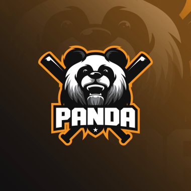 Panda Maskot logo tasarlamak vektör rozet, amblem ve tshirt baskı için modern illüstrasyon kavramı stiliyle. Panda resimde arkada bir beysbol sopası ile.
