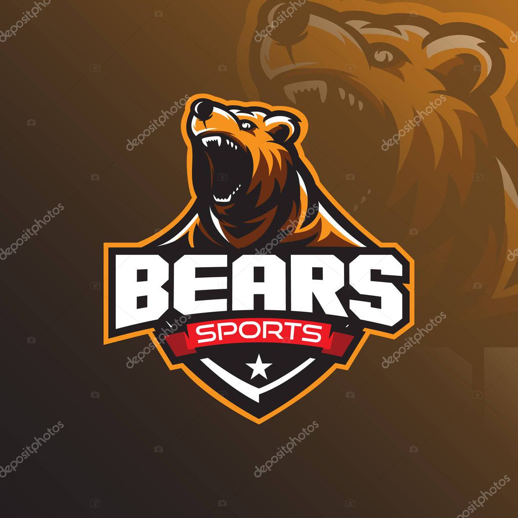 Grizzly bear mascot logo design vector with a modern color concept and badge emblem style for sports team. Angry bear illustration tshirt printing.