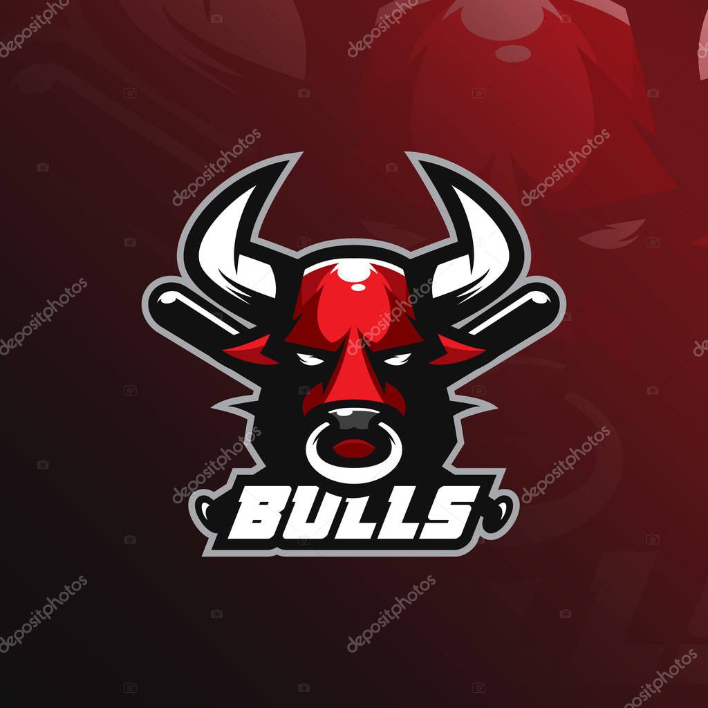 Bull mascot logo design vector with modern illustration concept style for badge, emblem and tshirt printing. bull illustration with baseball bat in the back.