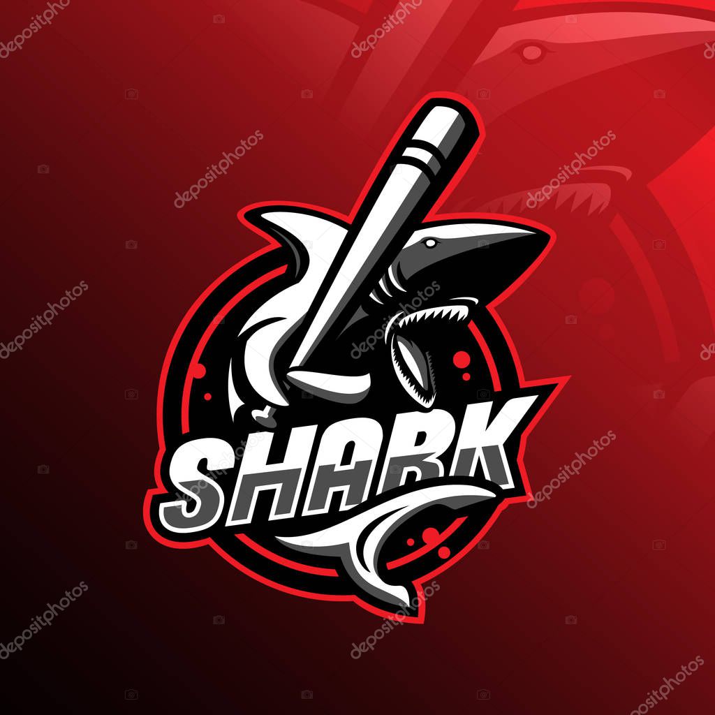 Angry shark mascot logo design vector with modern illustration concept style for badge, emblem and tshirt printing. angry shark illustration with baseball stick.
