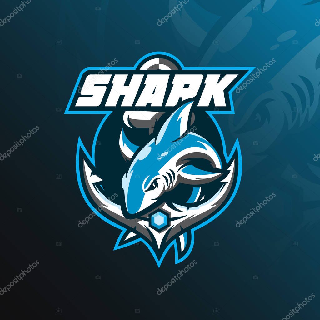Shark mascot logo design vector with modern illustration concept style for badge, emblem and tshirt printing. jumping shark illustration with anchor.