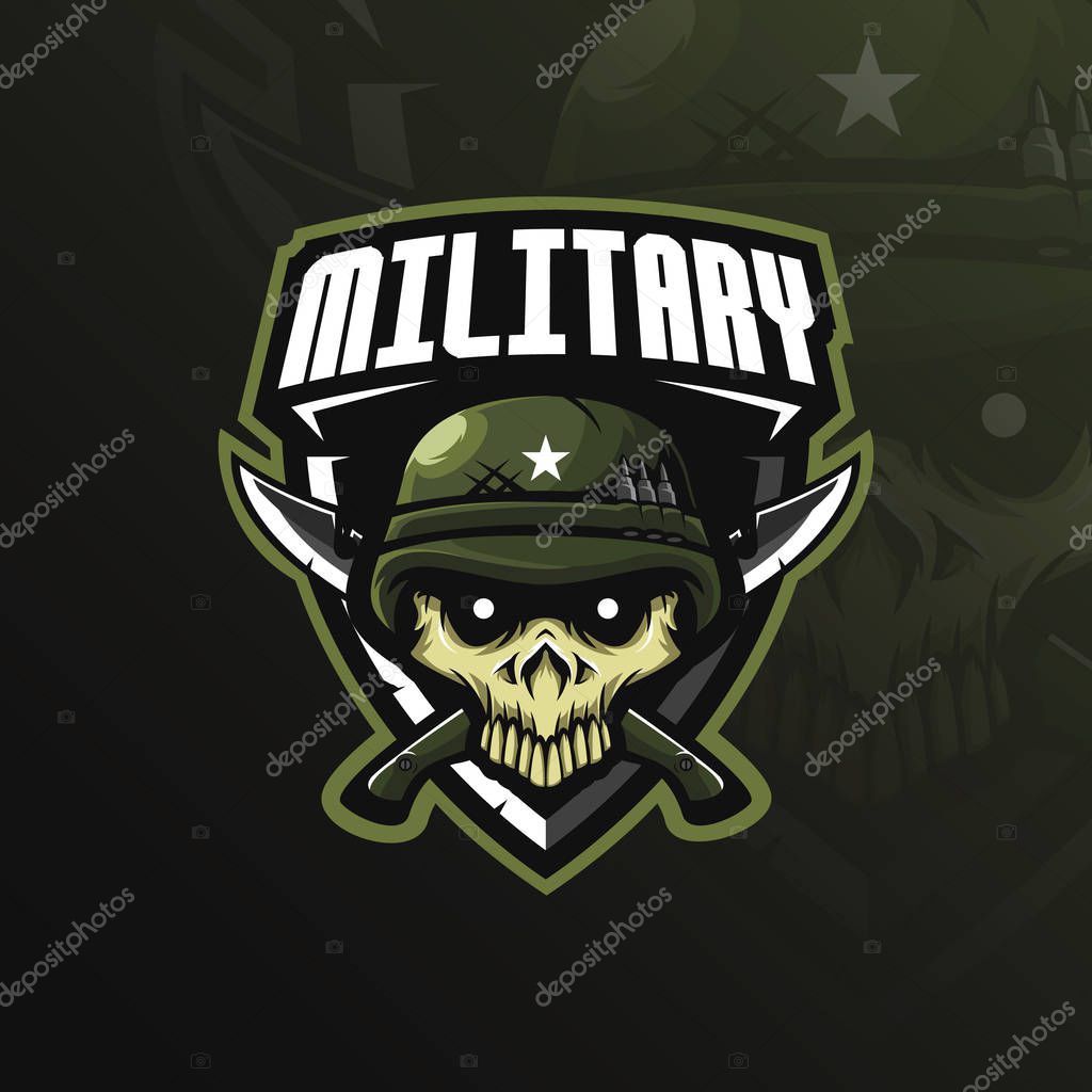 Skull military mascot logo design vector with modern illustration concept style for badge, emblem and tshirt printing. skull military illustration with knives and badges.