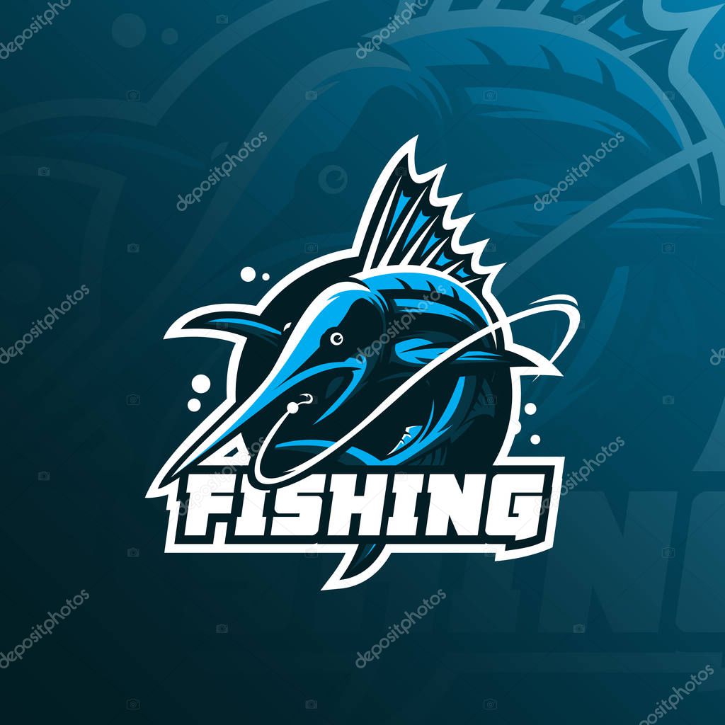 Fish marlin mascot logo design vector with modern illustration concept style for badge, emblem and tshirt printing. fish marlin jumping illustration with fishing rod