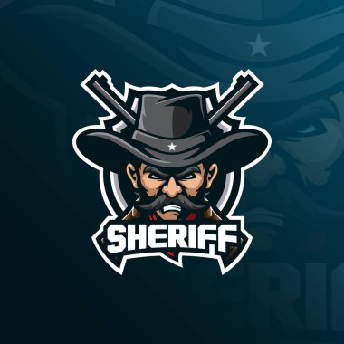 Şerif maskot logo tasarlamak vektör rozet, amblem ve tshirt baskı için modern illüstrasyon kavramı stiliyle. Şerif illüstrasyon bir silahlı.