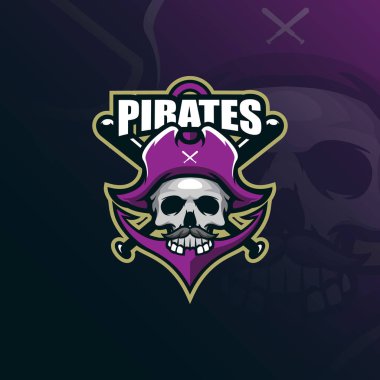 Pirates maskotu logo tasarlamak vektör rozet, amblem ve tshirt baskı için modern illüstrasyon kavramı stiliyle. kafatası korsanlar illüstrasyon bir çapa ve sopa ile.