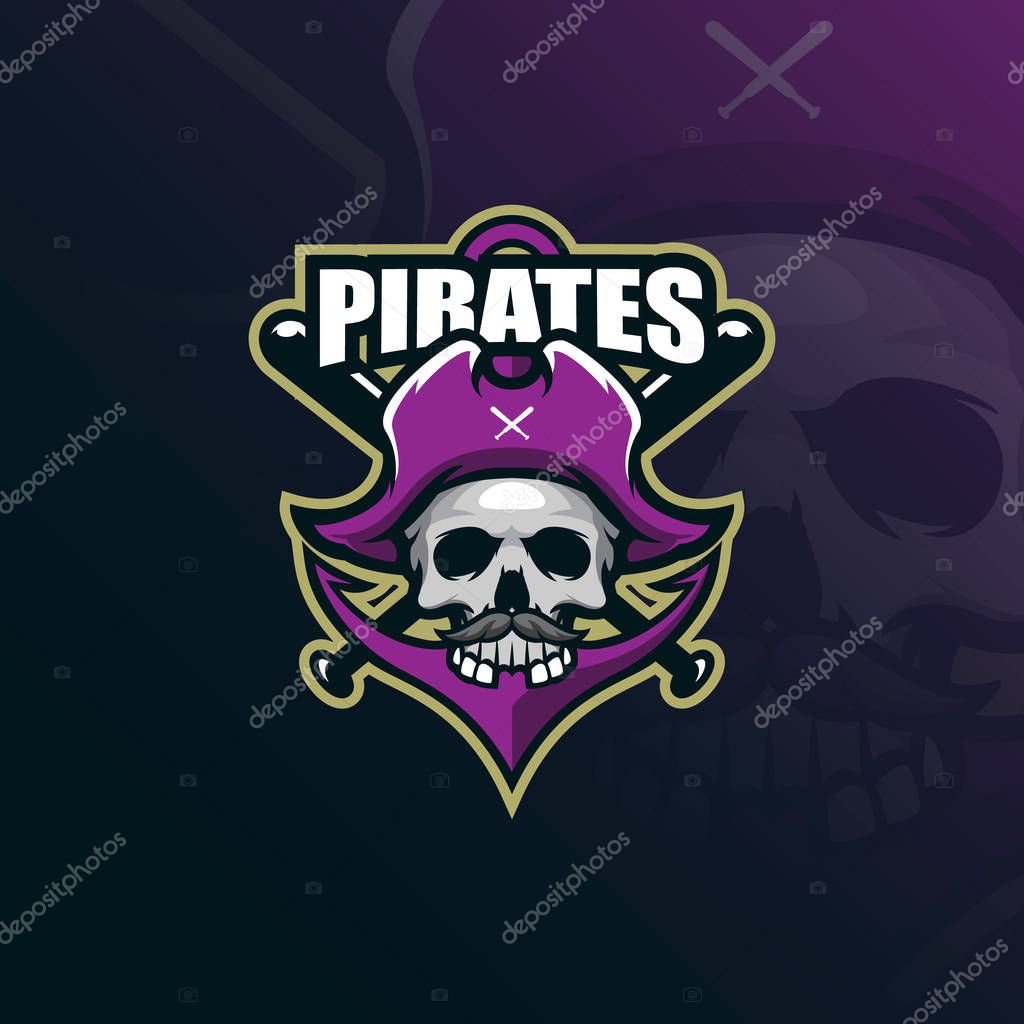 Pirates mascot logo design vector with modern illustration concept style for badge, emblem and tshirt printing. skull pirates illustration with a anchor and stick.