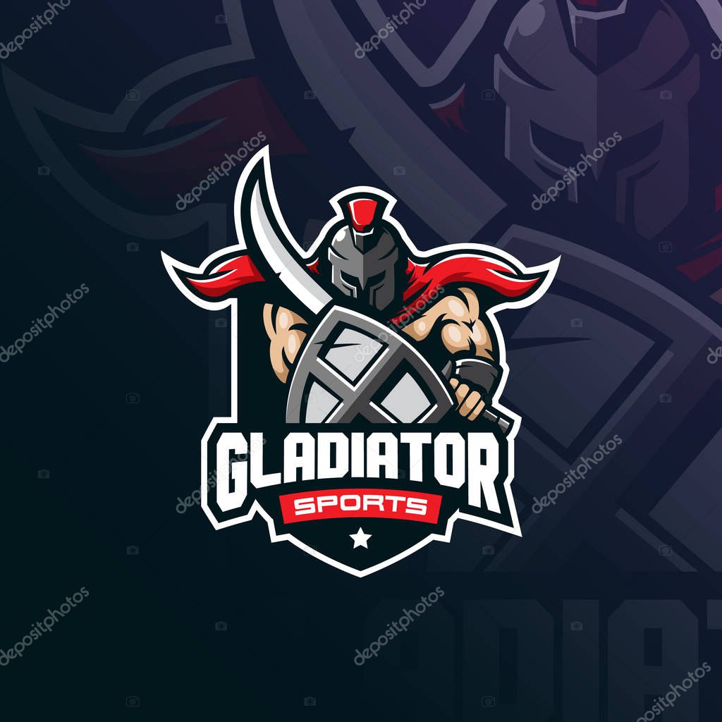 Gladiator mascot logo design vector with modern illustration concept style for badge, emblem and tshirt printing. spartan illustration with sword and shield.