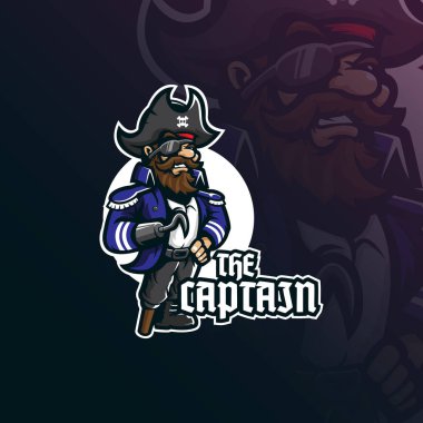 Kaptan pirates maskotu logo tasarlamak vektör rozet, amblem ve t shirt baskı için modern illüstrasyon kavramı stiliyle. resimde gülümseyen korsan Kaptan.