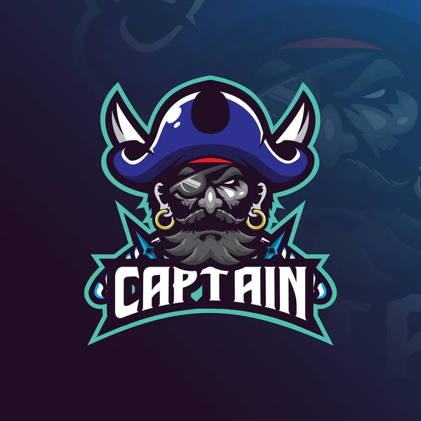 Capitán Piratas Mascota Logotipo Diseño Vector Con Estilo Moderno Concepto — Archivo Imágenes Vectoriales
