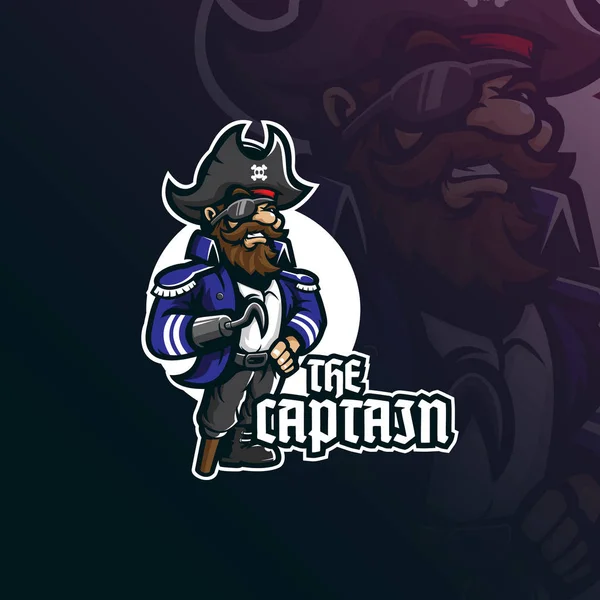 Capitán Piratas Mascota Logotipo Diseño Vector Con Estilo Moderno Concepto — Vector de stock