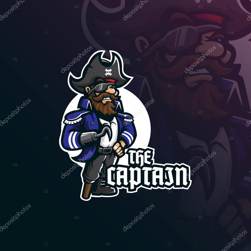 Captain pirates mascot logo design vector with modern illustration concept style for badge, emblem and t shirt printing. smiling  pirates captain illustration.