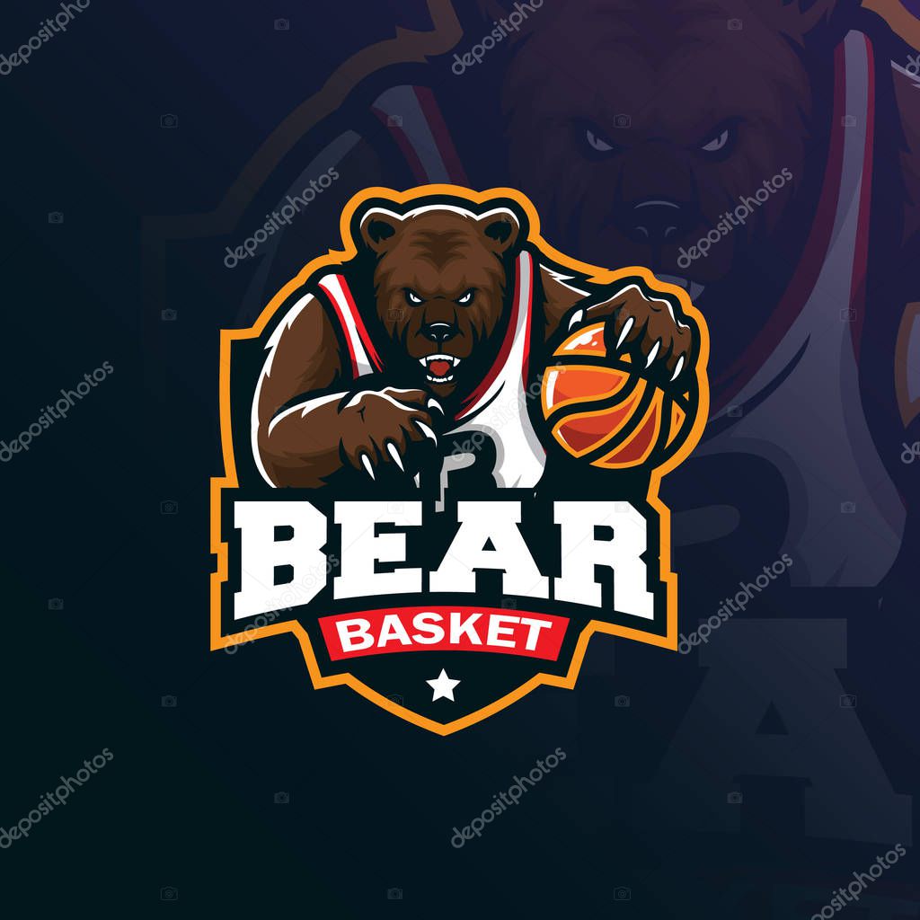 Bear basketball mascot logo design vector with modern illustration concept style for badge, emblem and tshirt printing. angry bear illustration with ball in hand.