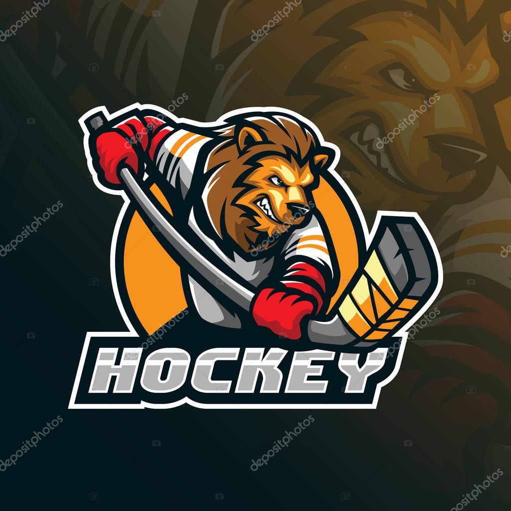 Hockey vector mascot logo design with modern illustration concept style for badge, emblem and tshirt printing. angry lion hockey illustration for sport and team.