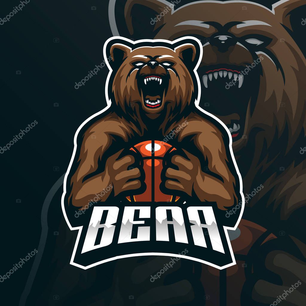 Bear mascot logo design vector with modern illustration concept style for badge, emblem and tshirt printing. angry bear basketball illustration.