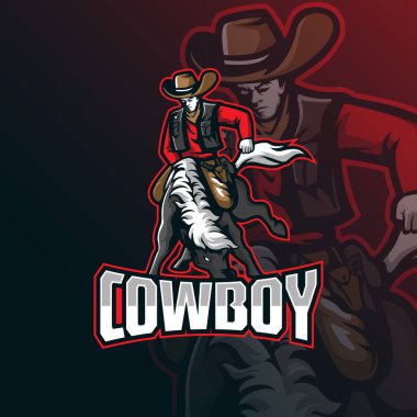 Rozet, amblem ve t-shirt baskısı için modern illüstrasyon konsepti olan Kowboy maskotu logo tasarımı vektörü. Kowboy illüstrasyon ve at.