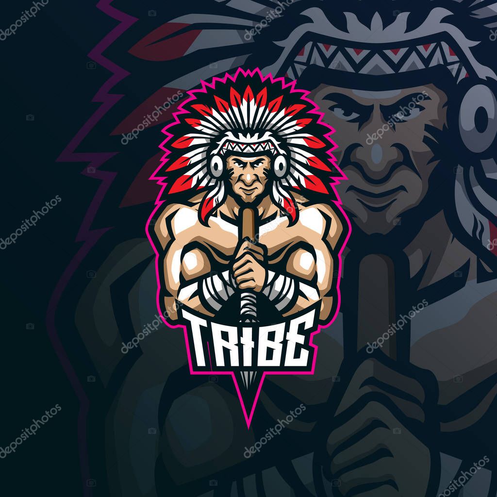 Tribe mascot logo design vector with modern illustration concept style for badge, emblem and t shirt printing. tribe illustration with spear in hand.