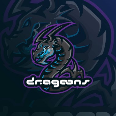 Rozet, amblem ve tişört baskısı için modern illüstrasyon konsepti tarzına sahip ejderha maskotu logo tasarımı vektörü. Spor takımı için kızgın ejderha illüstrasyonu.