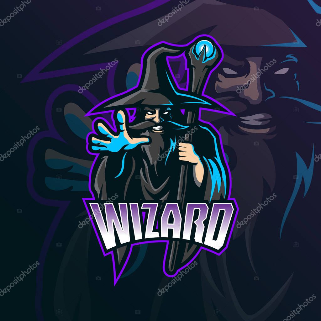 Wizard mascot logo design vector with modern illustration concept style for badge, emblem and tshirt printing. wizard illustration for sport and esport team.