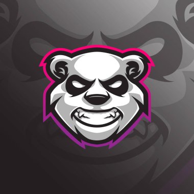 Rozet, amblem ve tişört baskısı için modern illüstrasyon konsepti tarzına sahip panda maskotu logo tasarımı vektörü. panda baş resimleme.
