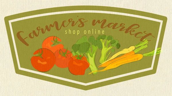 Farmer\'s Market with Shop Online Copy. Card with Illustration of Tomatoes, Carrots and Broccoli on Paper Background.