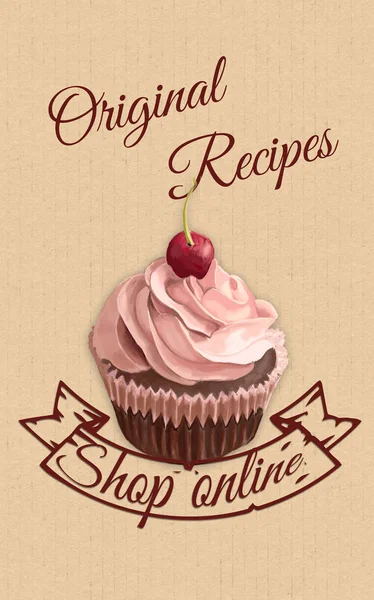 Original Recipe Banner with Cupcake. Chocolate and cream Muffin Illustration with Shop Online Text
