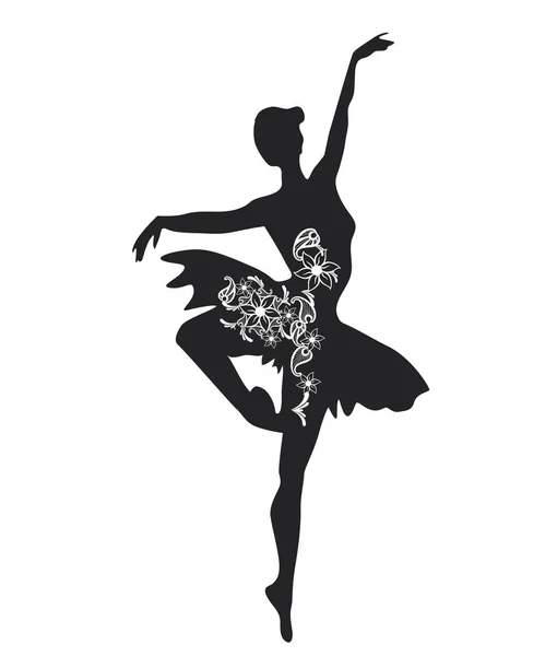 Ballerina Dengan Bunga Siluet Penari Balet Wanita Cantik - Stok Vektor
