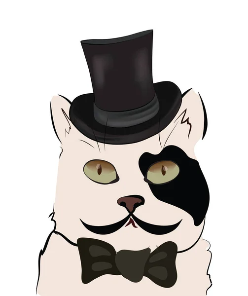 Illustration Cat Cylinder Black White Cute Kitten Hat Bow Tie — Stock Vector