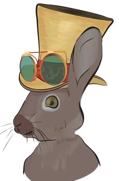 Ilustrasi Kelinci Dengan Gaya Steampunk Hare Dengan Topi Dan Kacamata — Stok Foto