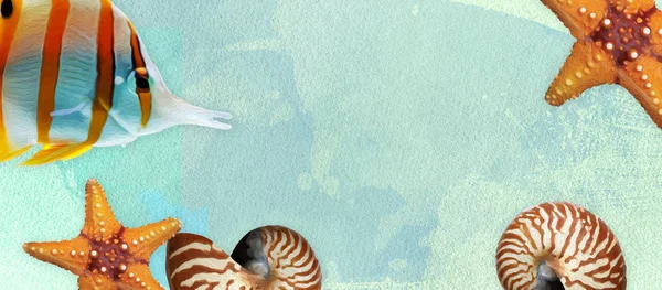 Sealife summer banner with oil paint and watercolor brushes. Seashell, seahorse, starfish on a marine background with text space.