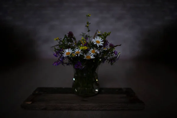 Schöner Strauß Wiesenblumen Auf Dunklem Hintergrund — Stockfoto