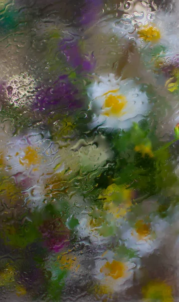 Fleurs Lumineuses Derrière Verre Mouillé Une Fenêtre Sous Pluie — Photo