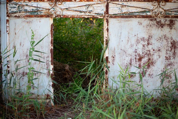 Vecchio Cancello Arrugginito Verso Cortile Abbandonato Bello Sfondo Vintage — Foto Stock