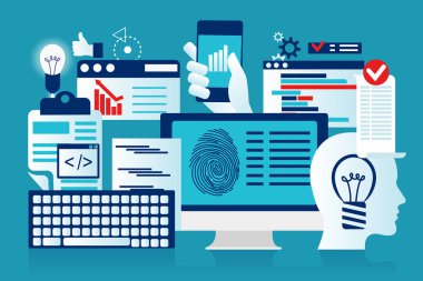 App design, programming, coding, web design, development process prototypes, building for website, interface, functional. Mobile, desktop applications. Illustration thin line design clipart svg vector 