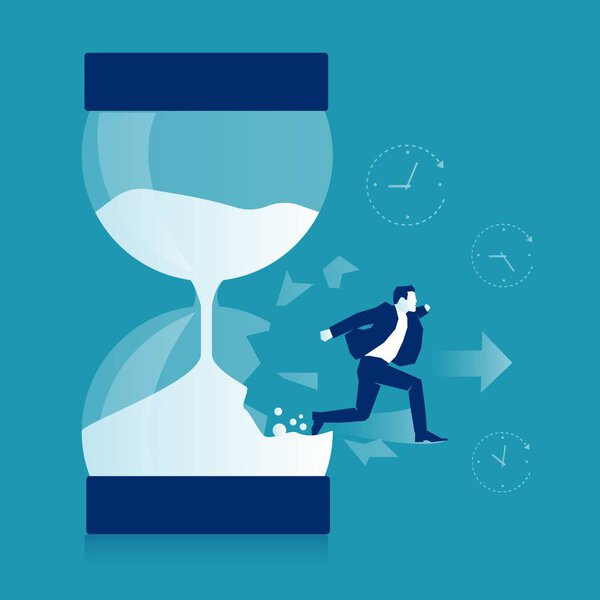Breaking the time pressure. Businessman in rush breaking a sand clock front Isolated on blue background. Eps 10 Vector illustration, Minimalist white blue flat business style modern design.