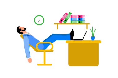 Break. Illustration of sleeping man relaxing in office chair with legs on table during workday. Eps vector illustration clipart