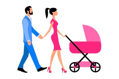 Vektör resim erkek ve kadın el ele tutuşarak ve Bebek arabasındaki bebek ile yürüme. EPS vektör çizim